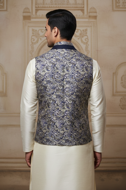 Men’s Navy Blue Paisley Designer Waistcoat | Festive & Party Wear Slim Fit Vest