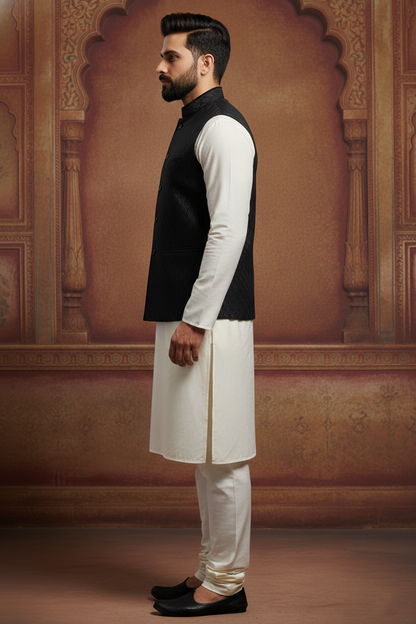 Men’s Black Quilted Nehru Jacket with Ivory Kurta