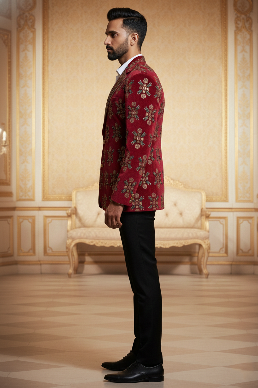 Men'sMaroon Embroidered Indo-Western Blazer