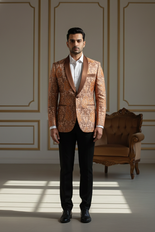 Men'sRose Gold Paisley Jacquard Tuxedo Blazer with Satin Shawl Lapel