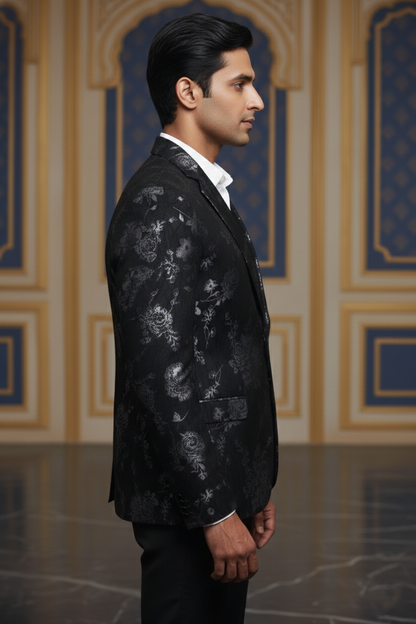Black Double-Breasted Blazer with Subtle Silver Floral Pattern