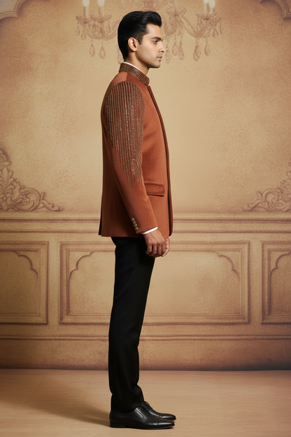 Men'sRust Embellished Bandhgala Jacket