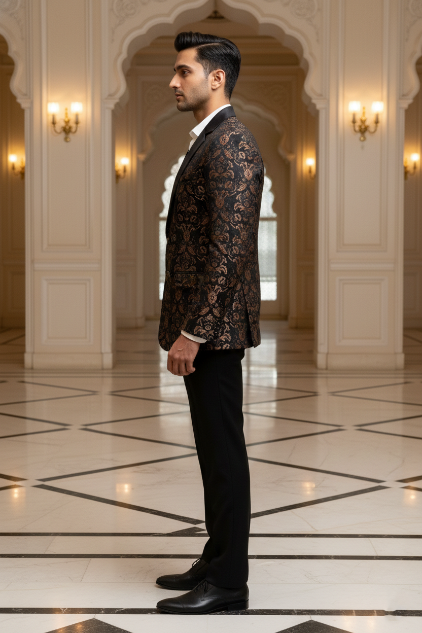 Men's Premium Black & Copper Jacquard Floral Tuxedo Blazer , Slim Fit Evening Party Wear