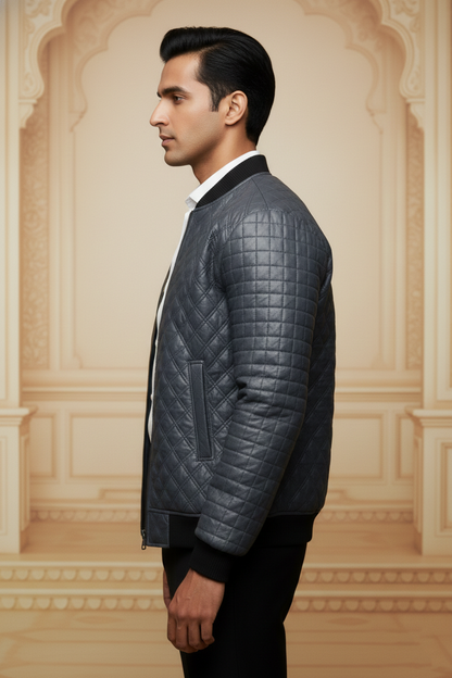 Men's Premium Grey Quilted Bomber Jacket , Diamond-Stitch taffeta fabric Casual Outerwear
