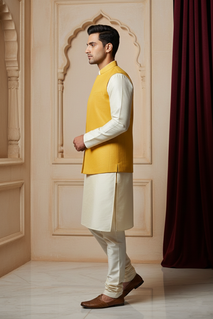Mustard Nehru Jacket with Cream Kurta Set