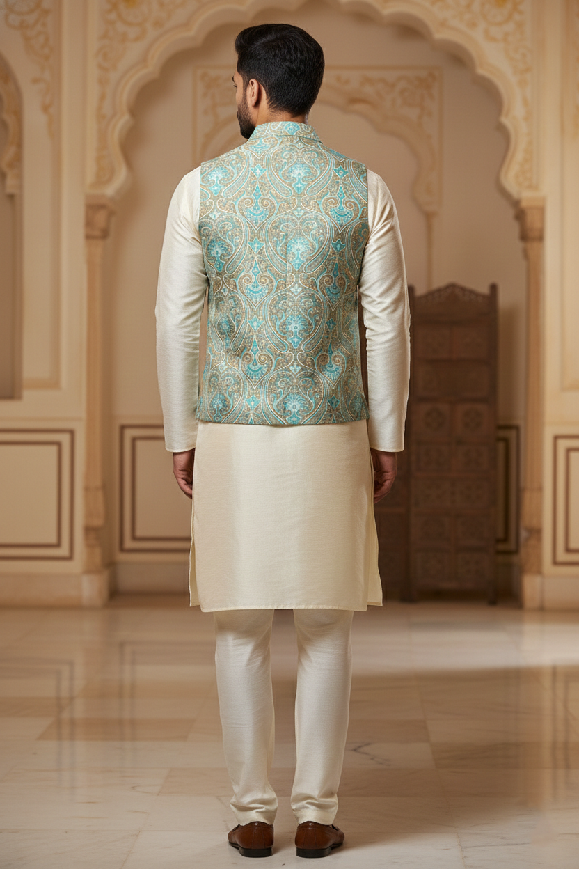 Men’s Light Blue Nehru Jacket with Embroidery Work | Ethnic Waistcoat for Wedding, Festive & Party Wear | Sleeveless Modi Jacket