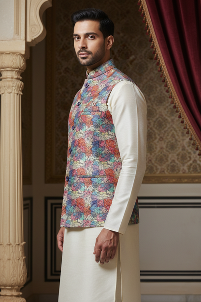 Prism of Petals: The Multicolored Mosaic Nehru Jacket