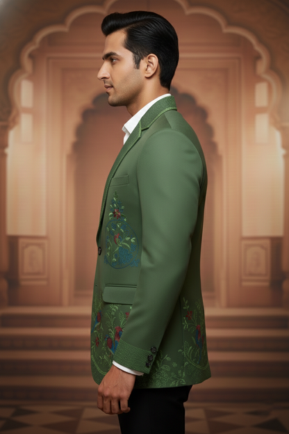 Men'sGreen Bird Embroidered Blazer