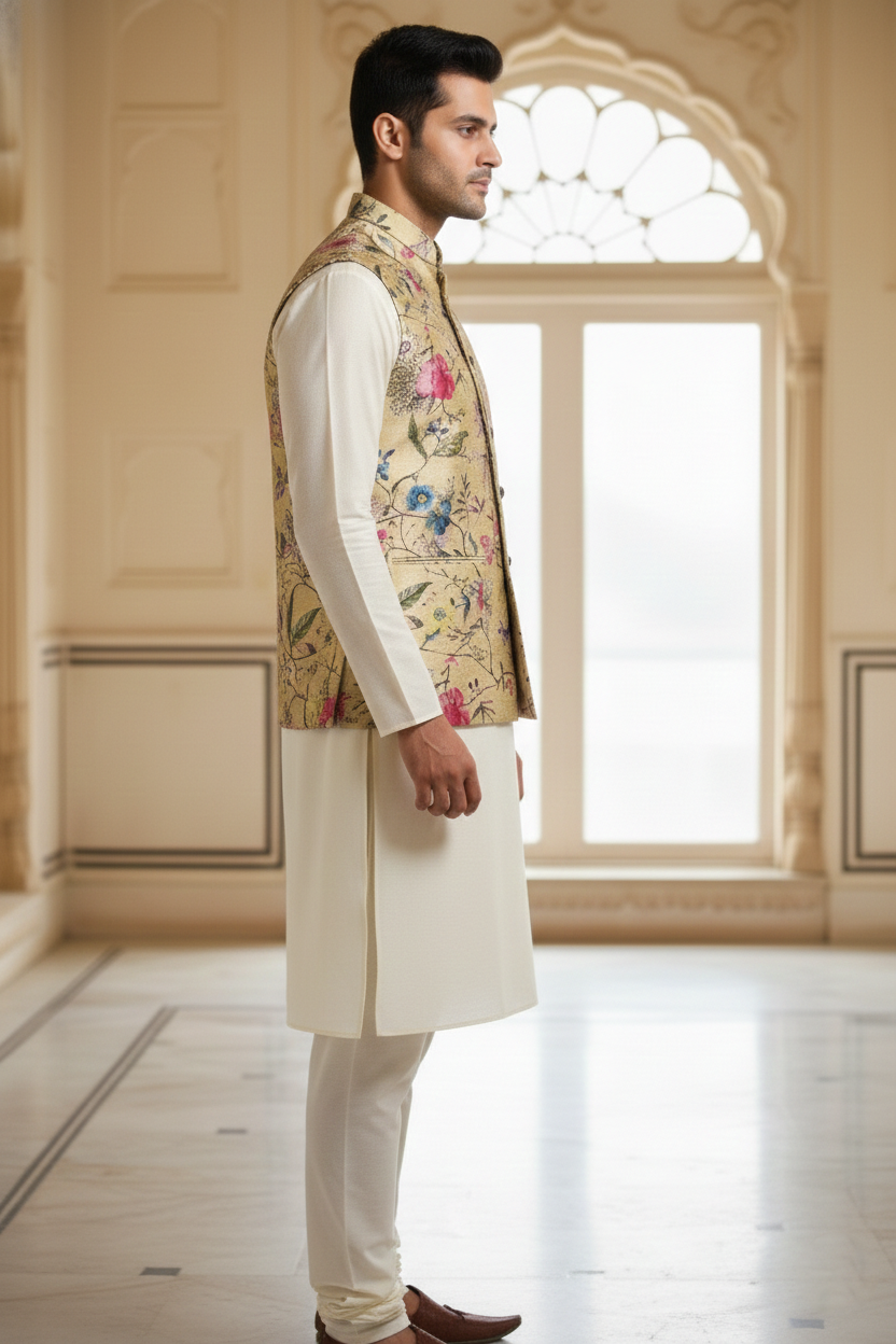 Men’s Pale Gold Floral Print Festive Nehru Jacket