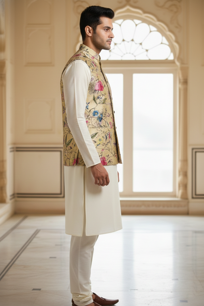 Men’s Pale Gold Floral Print Festive Nehru Jacket