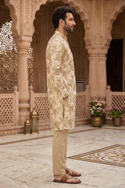 Men's Cream Floral Embroidered Partywear Kurta Pajama