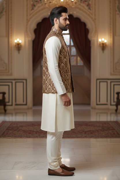 Men’s Beige Printed Nehru Jacket with Ivory Kurta