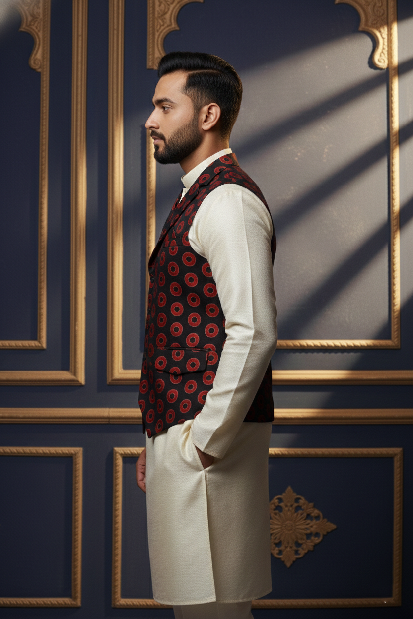 Men’s Slim-Fit Printed Waistcoat – Red & Black Geometric Circle Pattern