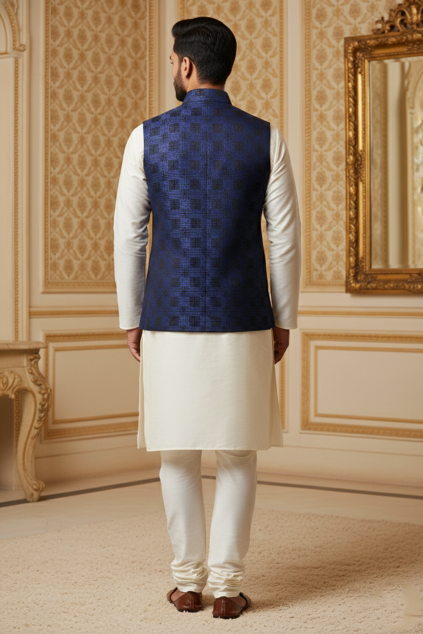Men’s Royal Blue Nehru Jacket with Textured Work | Ethnic Waistcoat