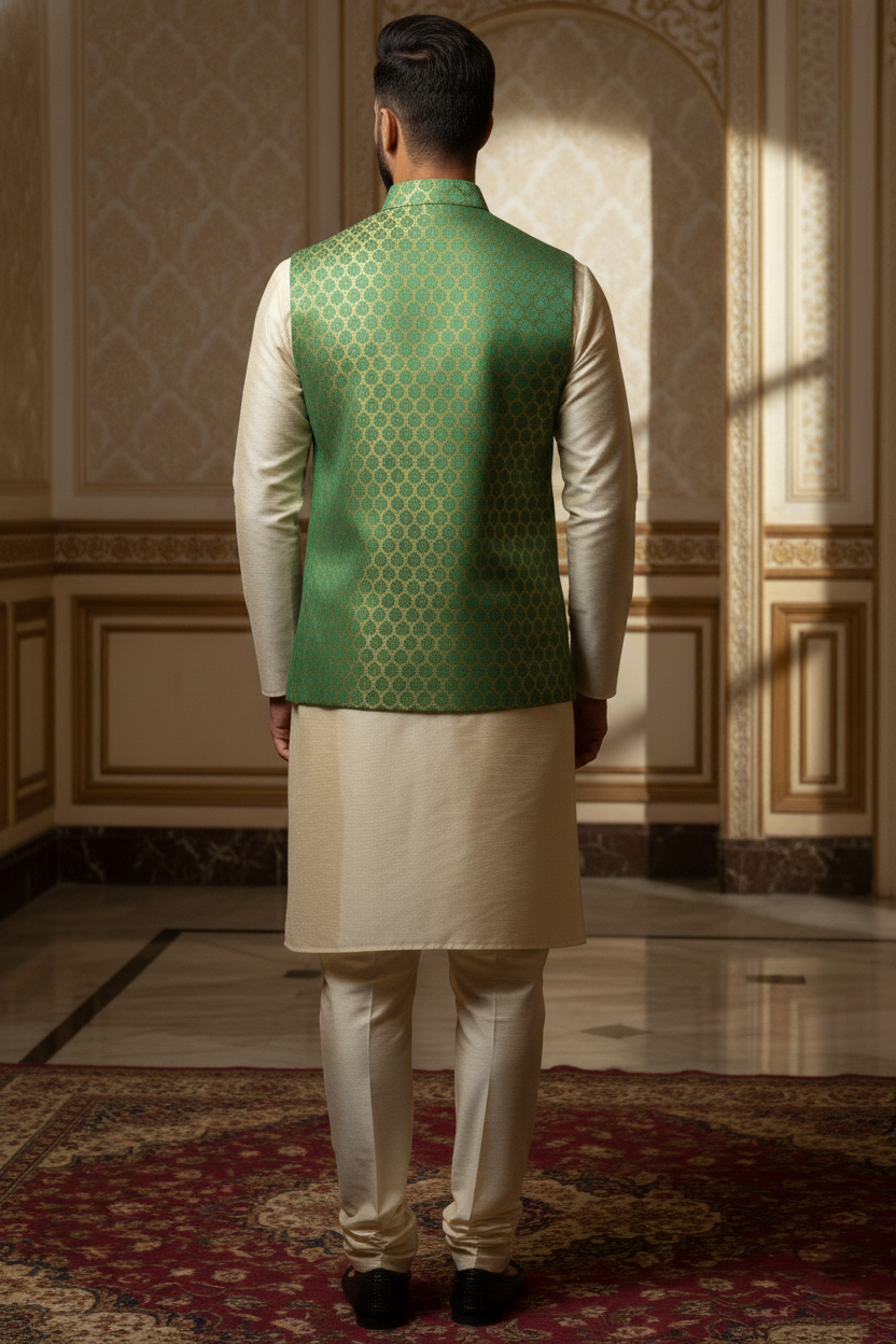 Men’s Green Nehru Jacket with Golden Touch Work | Ethnic Waistcoat for Wedding, Festive & Party Wear | Sleeveless Jacket