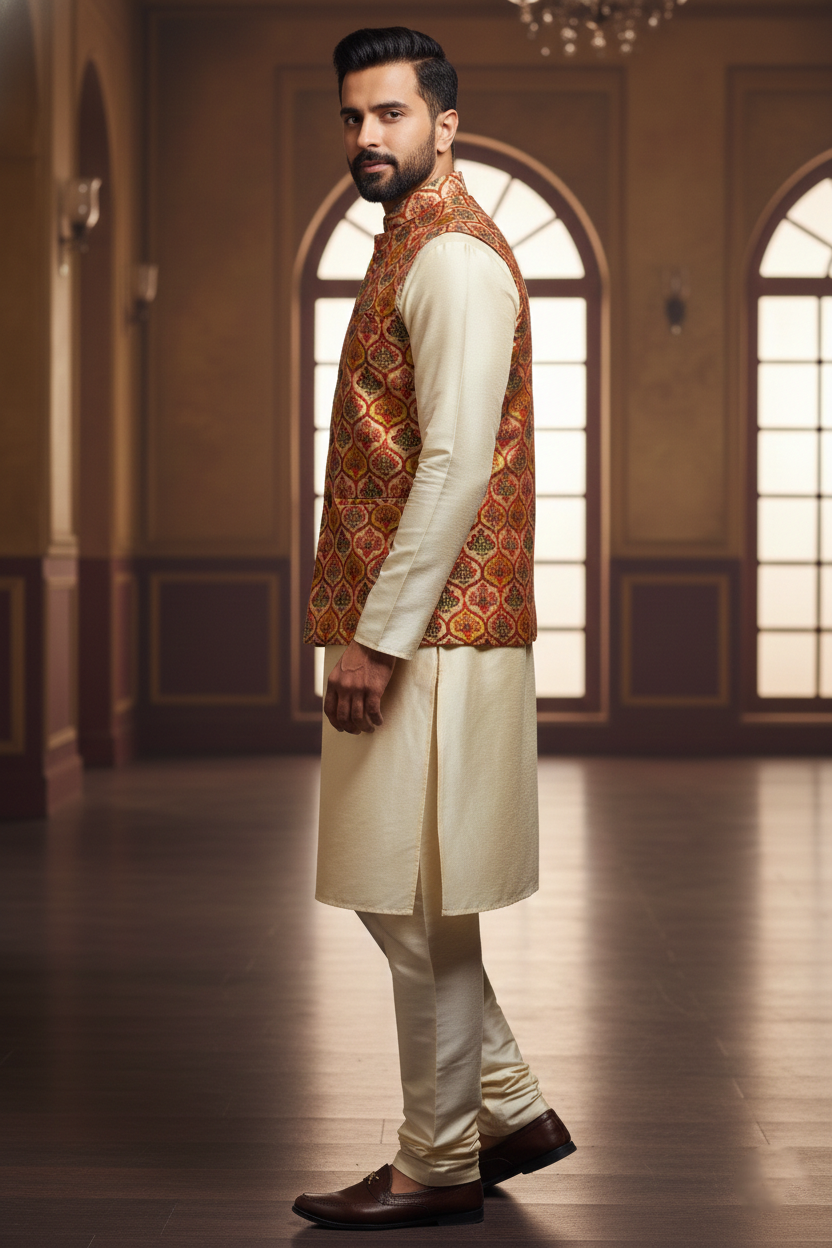 Title: The Art of Regality: Contemporary Printed Bundi and Silk Kurta Set