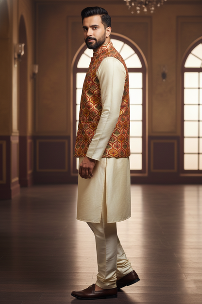 Title: The Art of Regality: Contemporary Printed Bundi and Silk Kurta Set