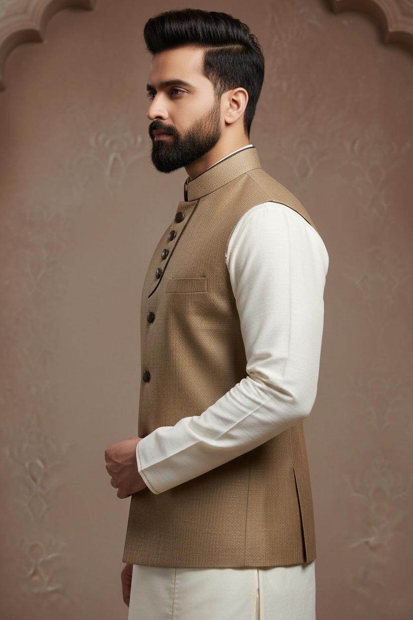 Men’s Sophisticated Beige Gold Nehru Jacket with Contrast Piping