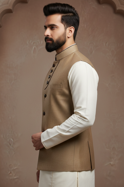 Men’s Sophisticated Beige Gold Nehru Jacket with Contrast Piping