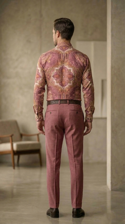 Designer Men'sDusty Rose Mandala Print Shirt , Celestial Gold & Mauve Ornate Motif
