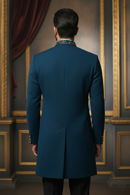 Midnight Blue Embroidered High-Collar Kurta Jacket