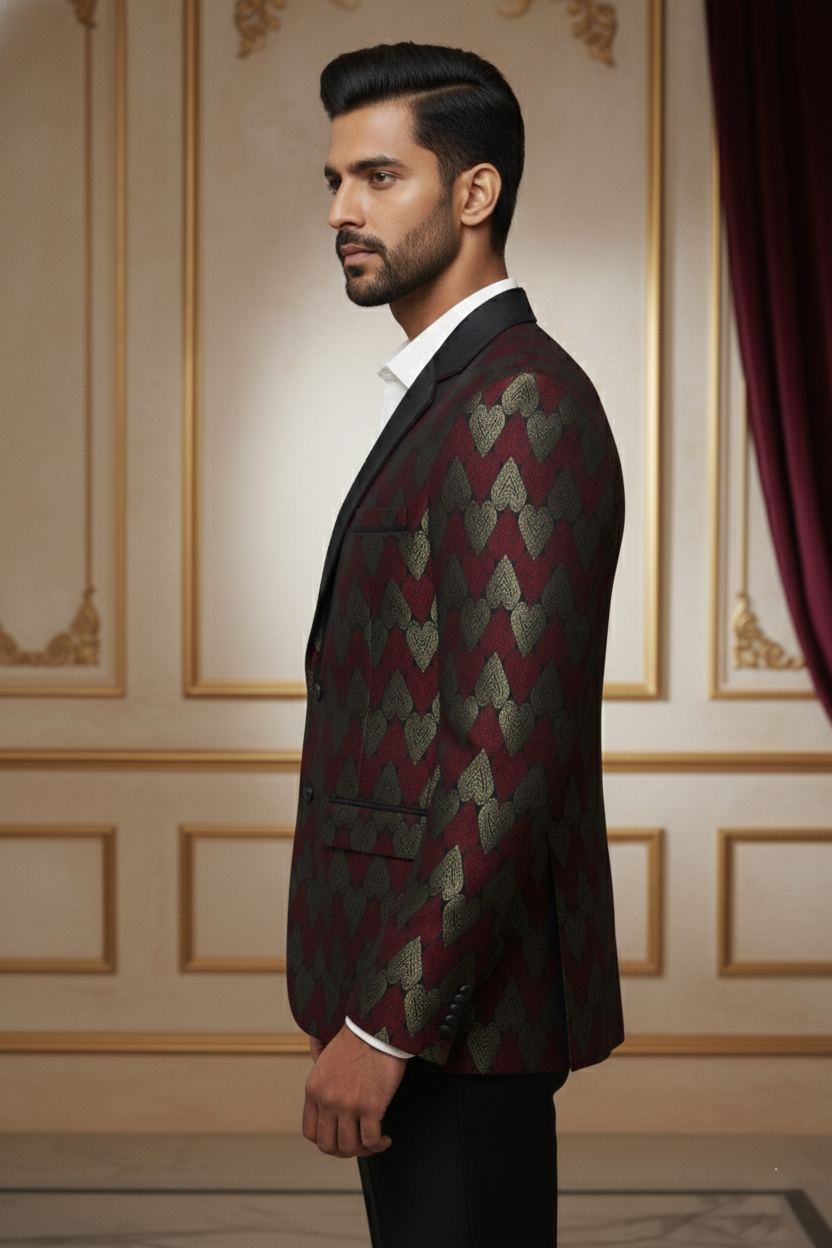 Red & Gold Geometric Pattern Blazer with Satin Lapels