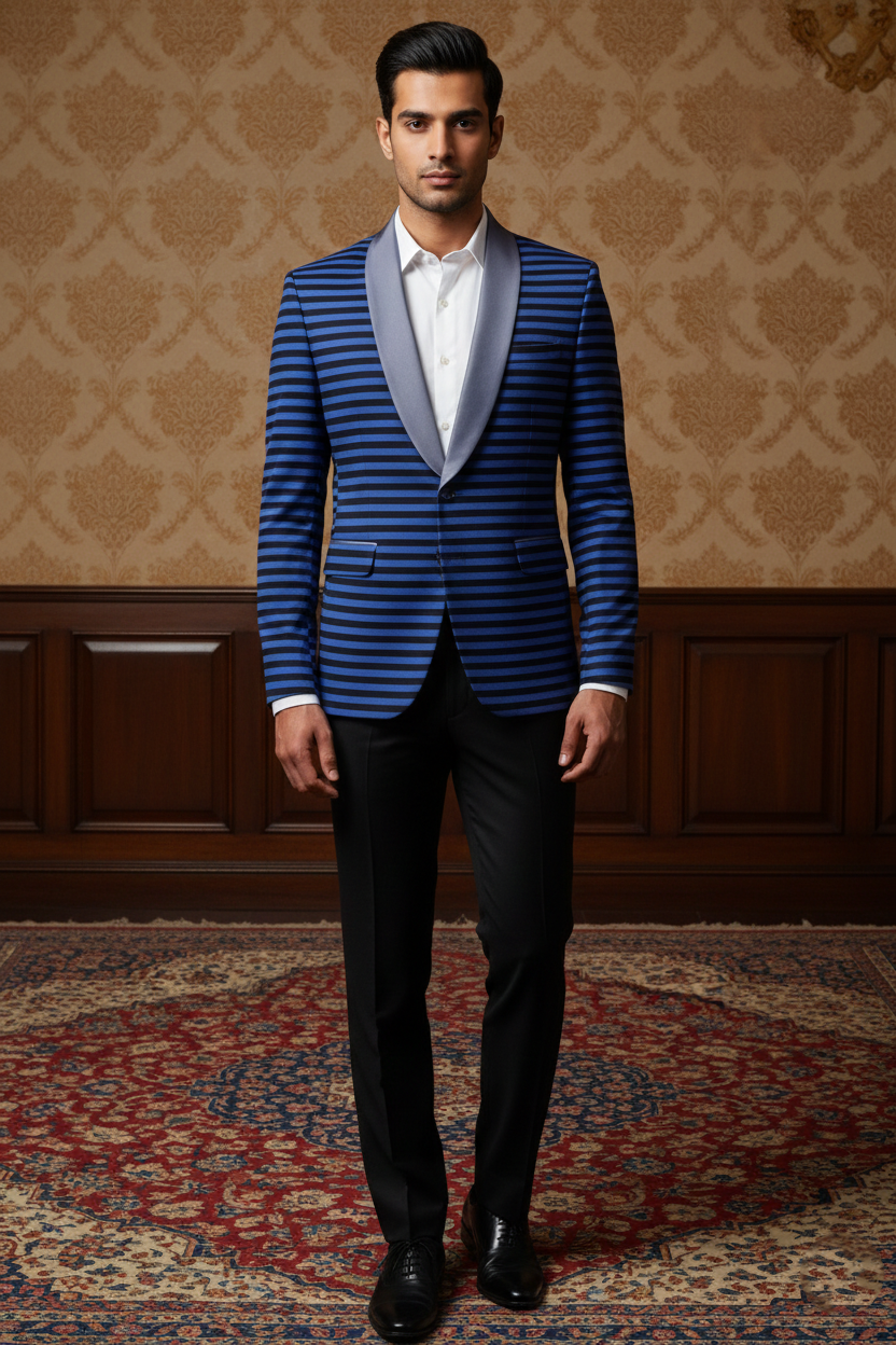 Men'sSlim-Fit Blue & Black Horizontal Striped Blazer , Modern Statement Tuxedo Jacket with Satin Shawl Lapel