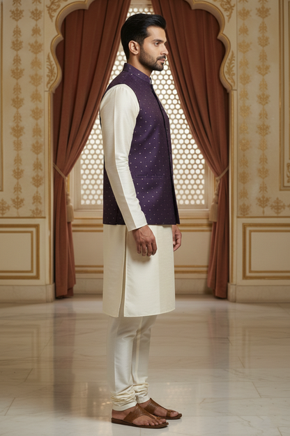 Men’s Purple Dotted Nehru Jacket with Ivory Kurta