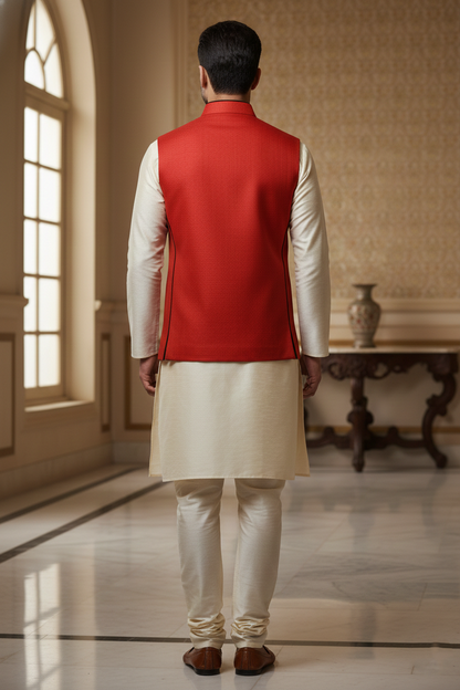 Bright Red Nehru Jacket with Cream Kurta Set