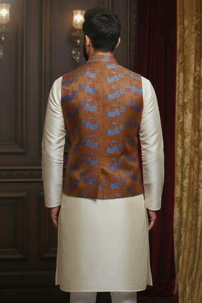 Men’s Rust Orange Floral Designer Waistcoat | Slim Fit Festive & Party Wear Vest