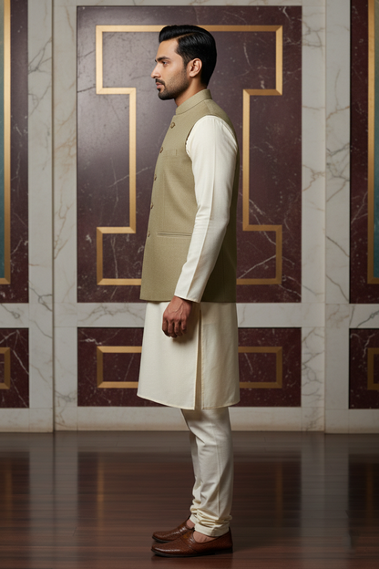 Men’s Beige Nehru Jacket | Solid Ethnic Waistcoat with Mandarin Collar