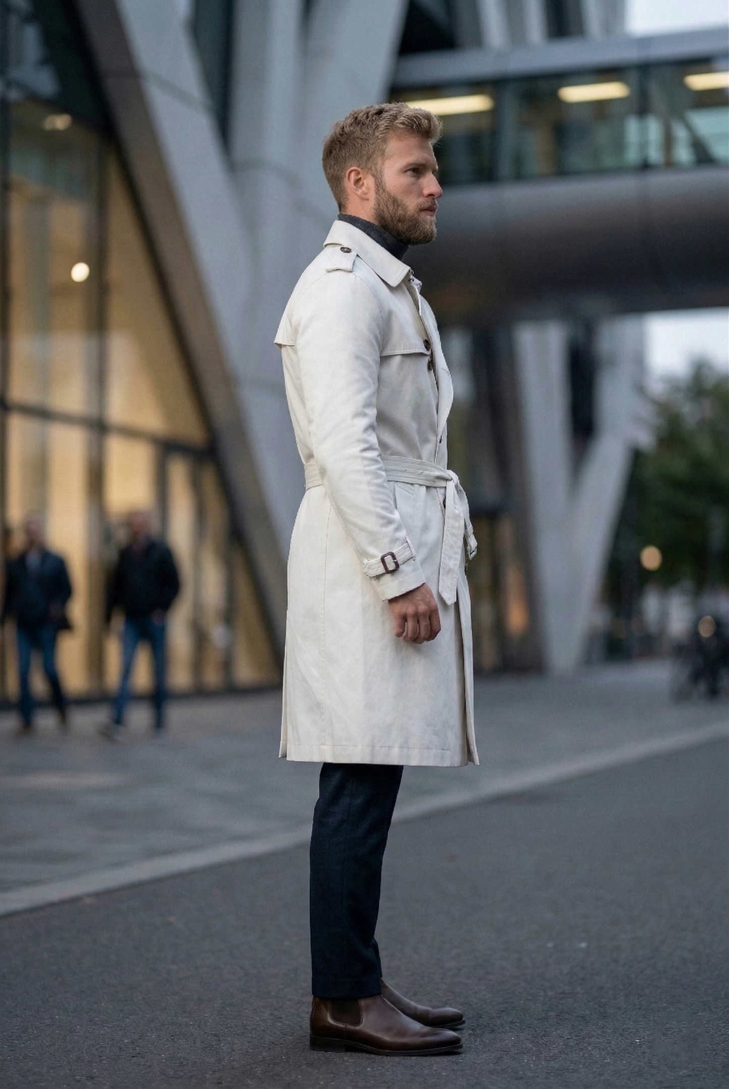 Men'sSlim-Fit Double-Breasted Long Trench Coat in Off-White