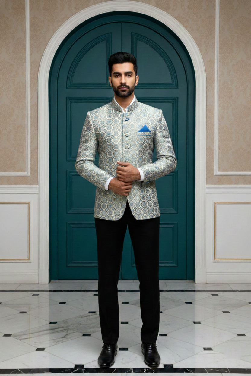 Men's Luxury Silver & Ice Blue Jacquard Bandhgala , Slim Fit Jodhpur Jacket with Mandarin Collar