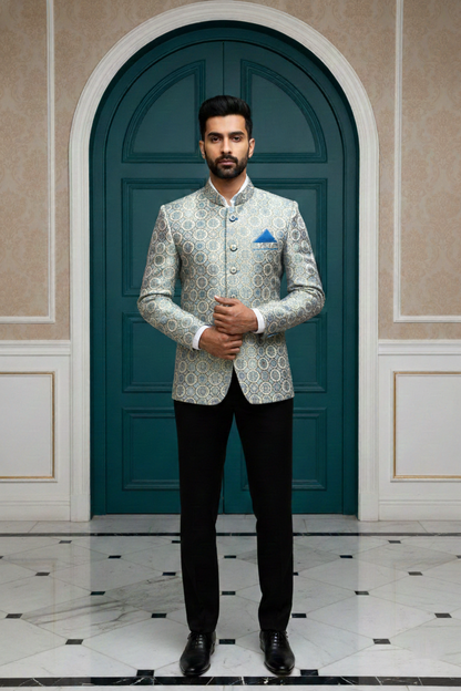 Men's Luxury Silver & Ice Blue Jacquard Bandhgala , Slim Fit Jodhpur Jacket with Mandarin Collar