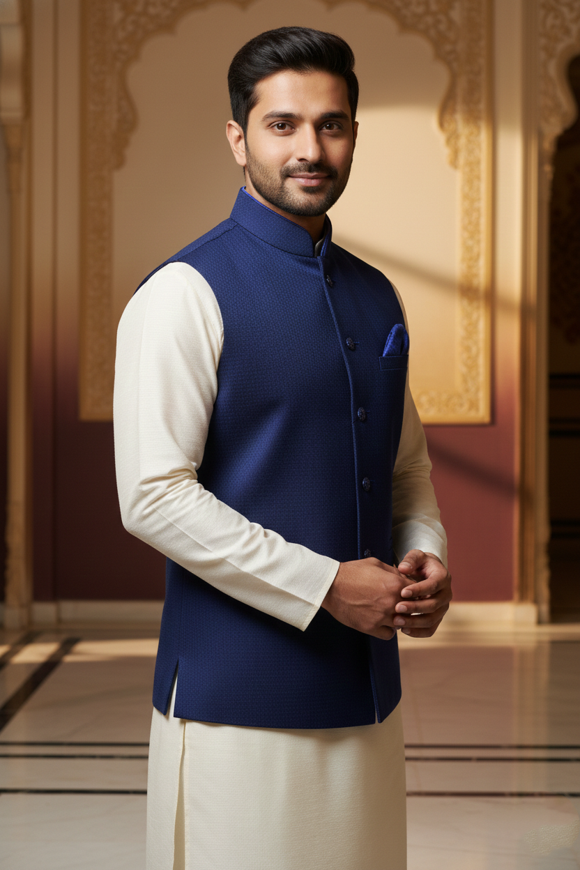 Men’s Dark Blue Nehru Jacket | Classic Ethnic Waistcoat