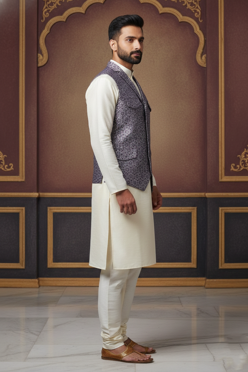 Men's Light Purple Silk Blend Nehru Jacket – Elegant Geometric Printed Waistcoat with Notched Lapel and Built-in Pocket Square