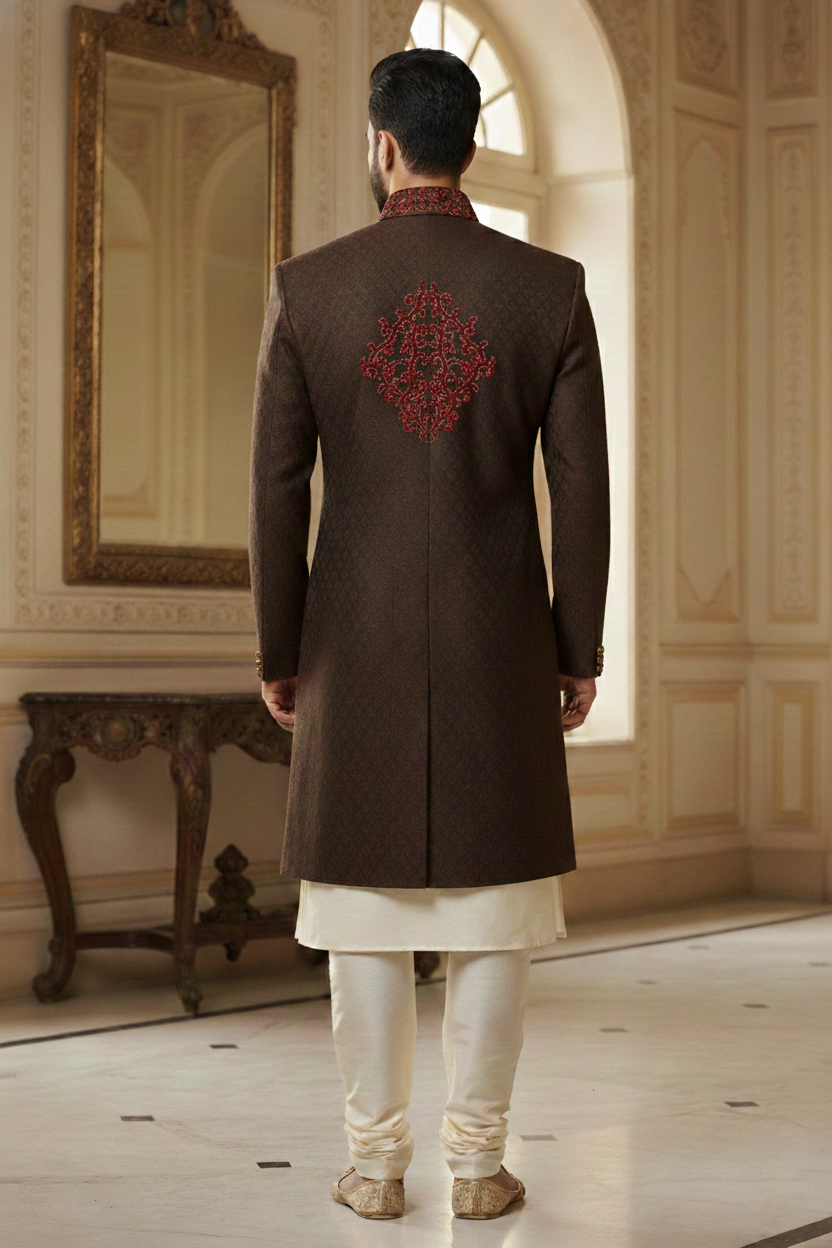 Maroon Embroidered Sherwani Ensemble