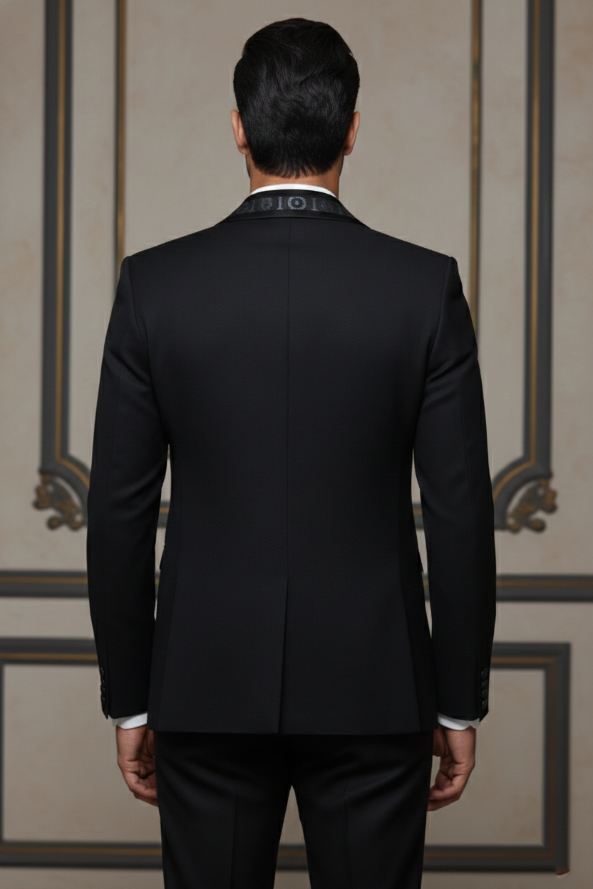 Black Single-Breasted Suit with Patterned Lapels