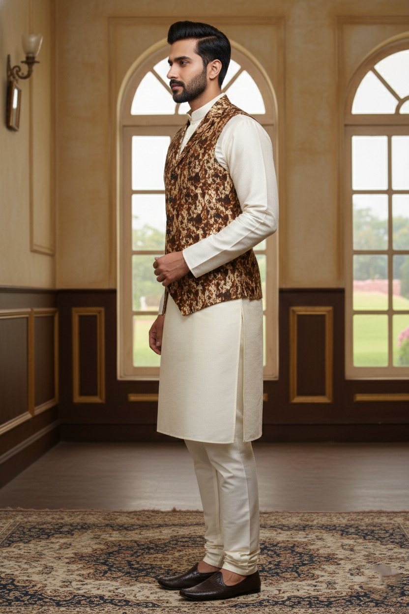 Men’s Printed Ethnic Nehru Jacket | Traditional Buttoned Waistcoat for Kurta | Festive & Wedding Wear Sleeveless Vest