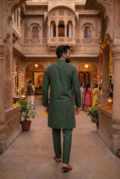 Men's Olive Green Cotton Linen Plain Kurta Pajama Set
