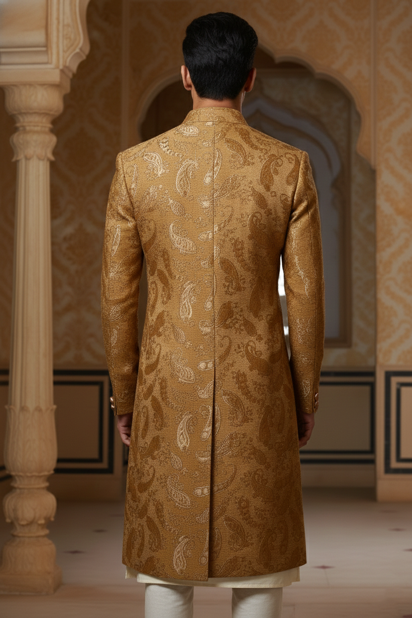 Men'sGold Paisley Embroidered Sherwani