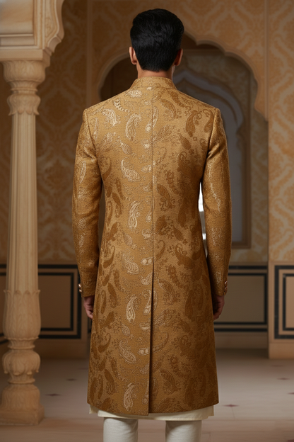 Men'sGold Paisley Embroidered Sherwani