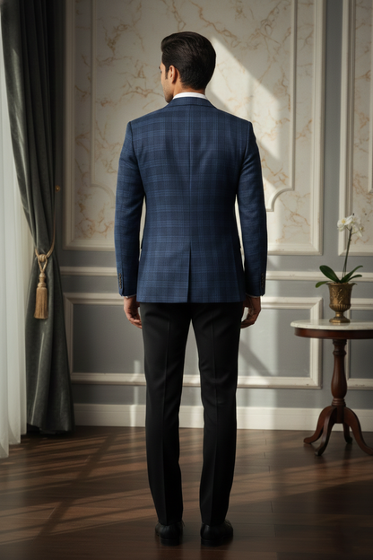 Men's Premium Blue Jacquard Checkered Blazer