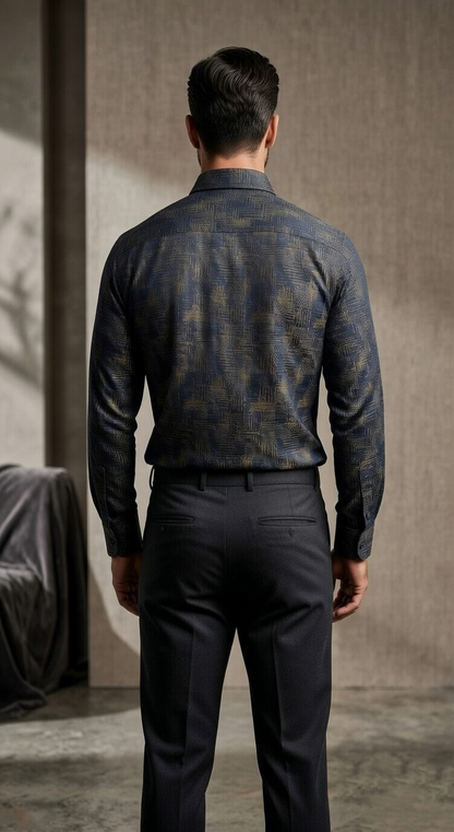 Designer Men'sNavy & Gold Jacquard Shirt , Abstract Cross-Hatch Textured Dress Shirt