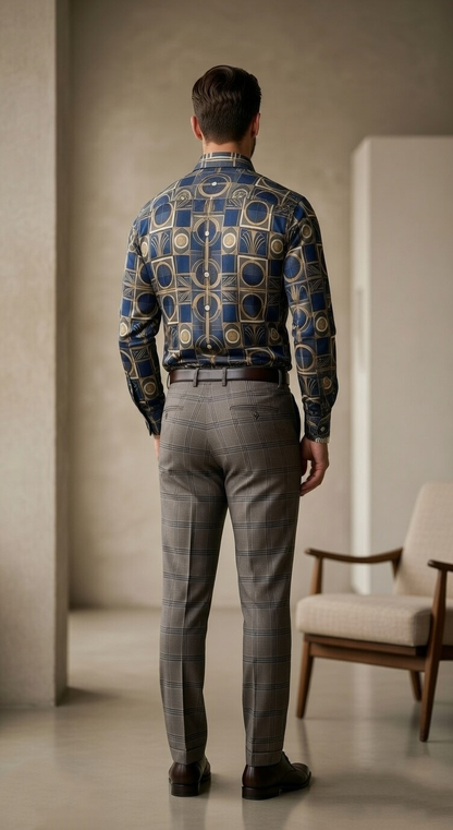 Designer Men'sArt Deco Tile Print Shirt , Navy & Gold Architectural Motif