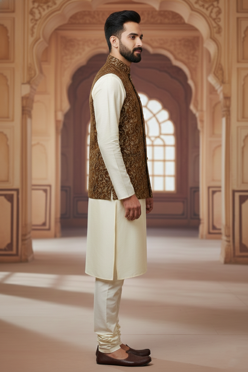 Men’s Brown Printed Nehru Jacket with Ivory Kurta