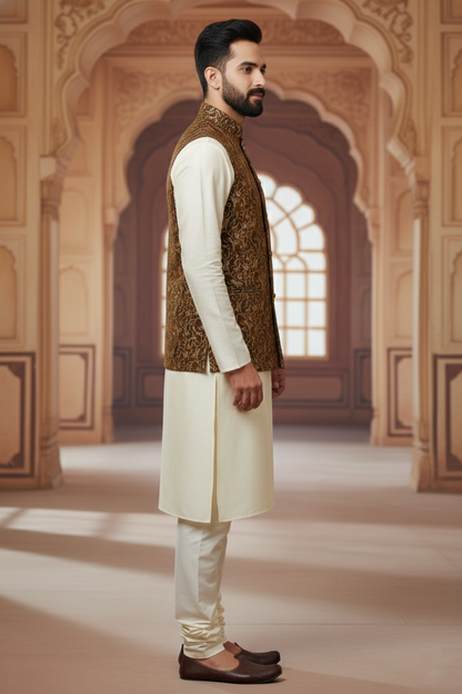Men’s Brown Printed Nehru Jacket with Ivory Kurta