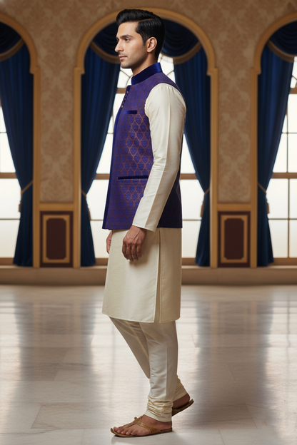 Men's Jacquard Silk Nehru Jacket – Purple & Blue Ethnic Wedding Waistcoat