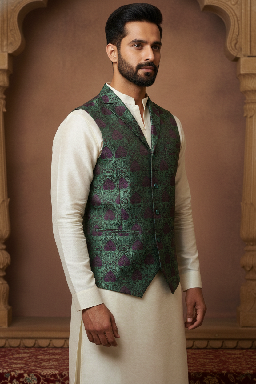 Men's Teal and Maroon Jacquard Waistcoat – Notch Lapel Brocade Nehru Jacket with Traditional Motif Print