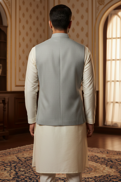 Light Grey Nehru Jacket with Pocket Square &  Cream Kurta Set